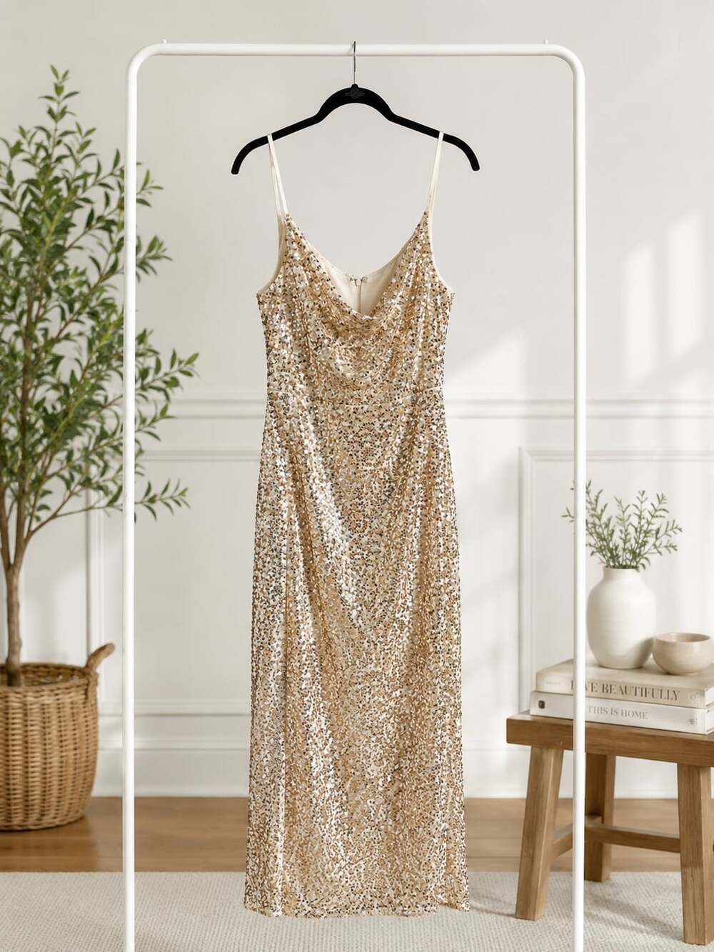 Taylor Gold Sequin Spaghetti Strap Cowl Neck Midi Dress